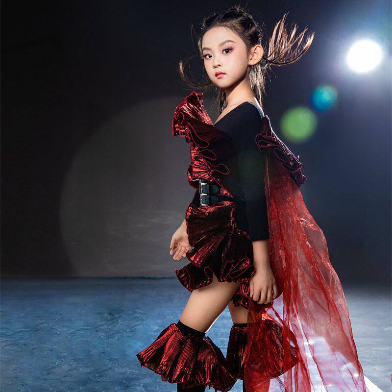 2026新款女童长袖连体衣走秀服潮服T台表演服6拖尾脚套套装8深