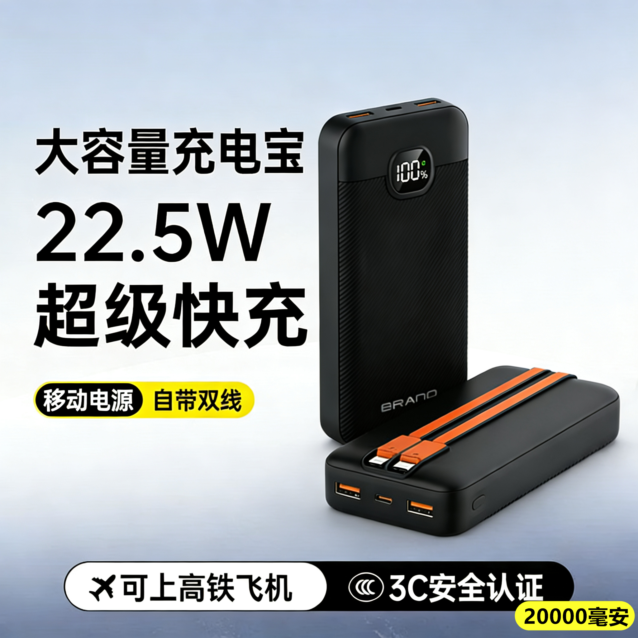 悟克新品国标3C认证充电宝自带双线超级快充大容量便携20000毫安适用华为闪充小米苹果手机专用22.5W移动电源