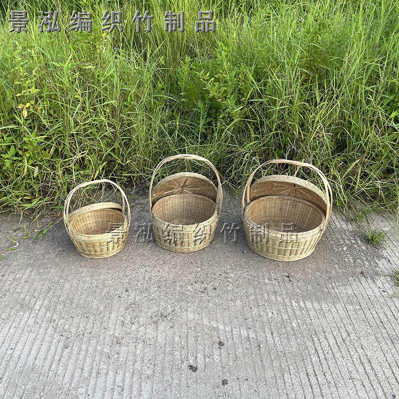 手层提篮竹编盖子圆形头竹青伙编织喜庆节带日拜神收纳篮入ZJM嫁