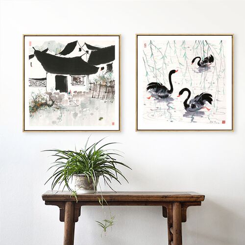 吴冠中新中式水墨装饰画 茶室挂画 组合方形客厅书房背景墙壁画