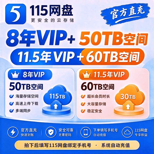 115网盘 11.5年会员+60TB空间套餐 特惠直充 秒速到账 15网盘扩容