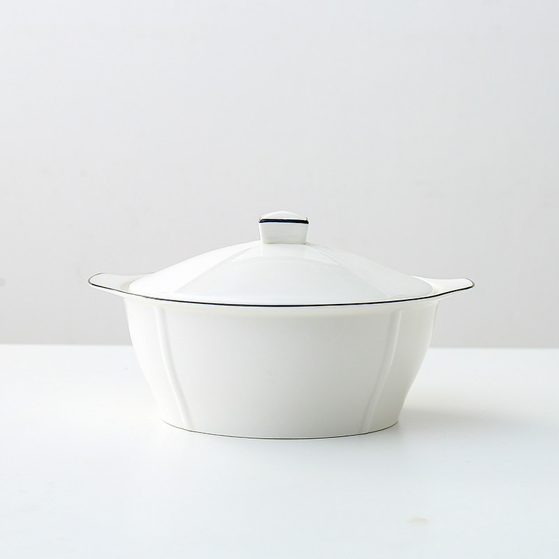 日式餐具家用陶瓷10英寸双耳防烫汤锅大汤碗汤盆带盖子简约风