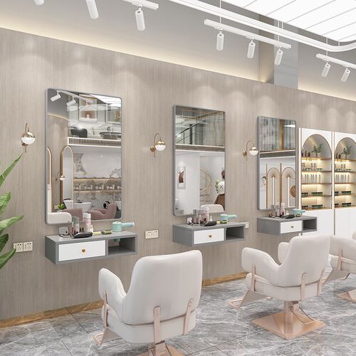网红理发店镜子发廊专用美发店剪发镜台面一体柜子带灯挂墙壁挂式