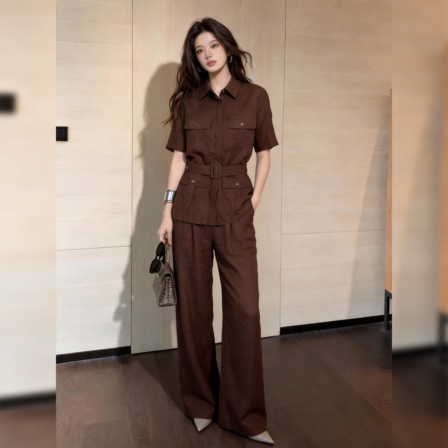 2026高级感复古通勤咖色两件套女夏季短袖衬衫阔腿裤腰带显瘦套装