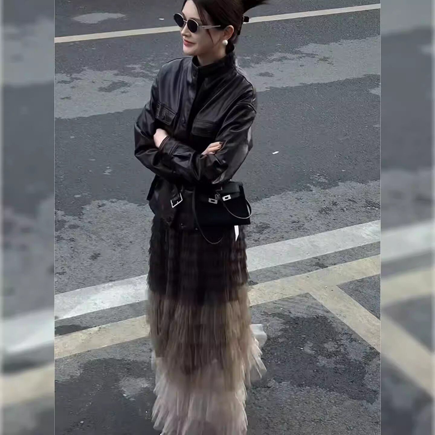 高级感黑色皮衣网纱蛋糕裙两件套女春季多层荷叶边半身裙显瘦套装
