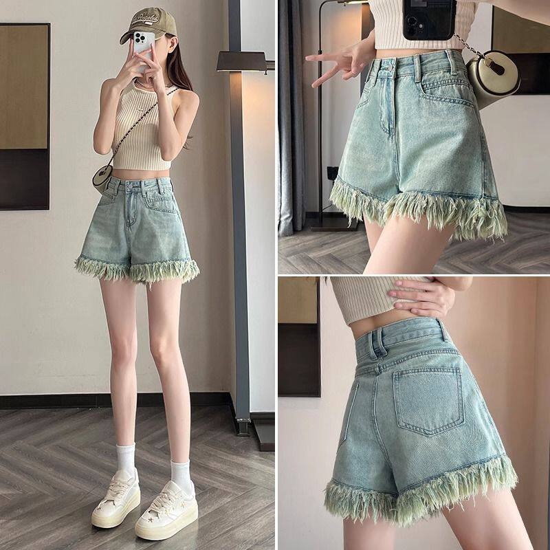 复古流苏a字牛仔短裤女小个子2025新款夏季薄款高腰显瘦包臀热裤