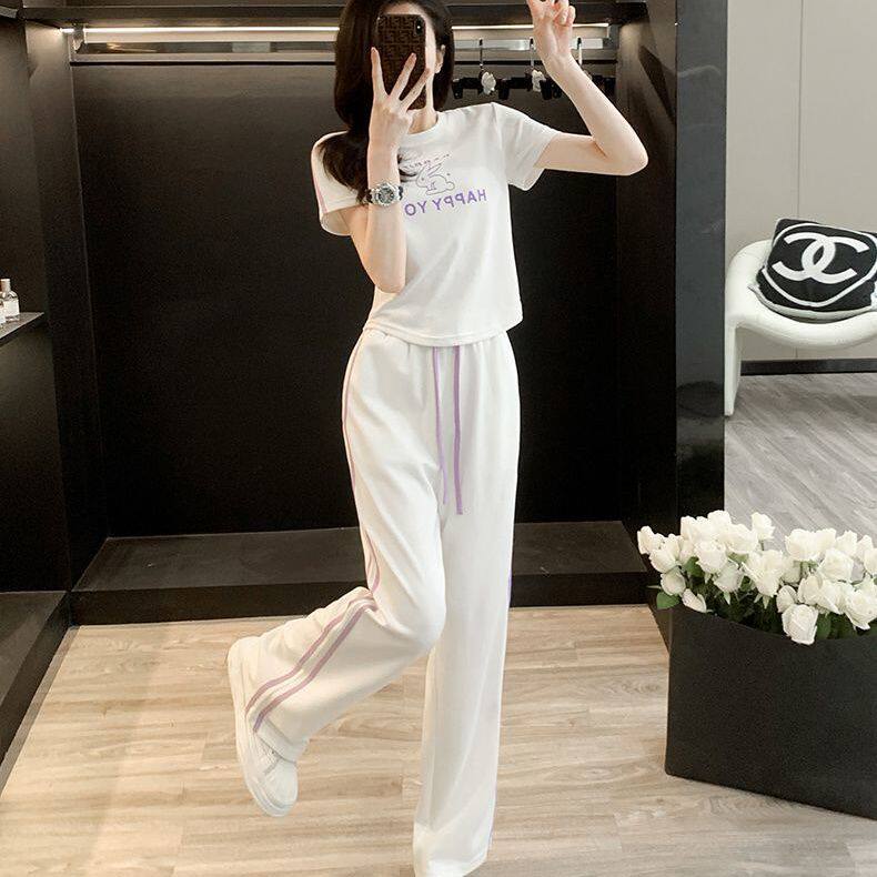 运动港风套装女夏季2025新款高级感短袖上衣阔腿裤时尚休闲两件套
