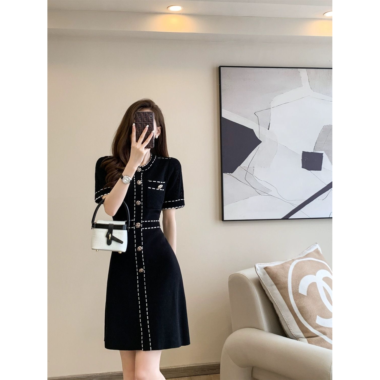 夏季新款气质小香风职业黑色显瘦短袖冰丝针织中长款A字连衣裙