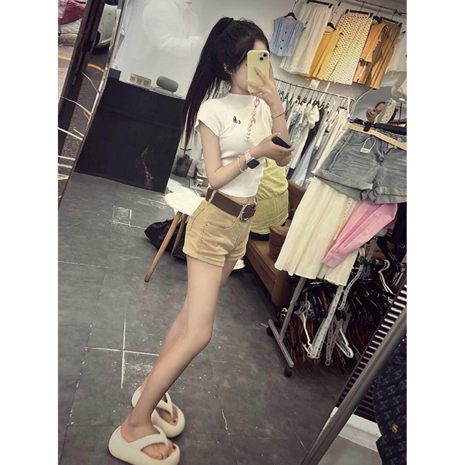 社会女套装快手网红同款正肩字母刺绣短袖T恤上衣+卡其牛仔短裤女