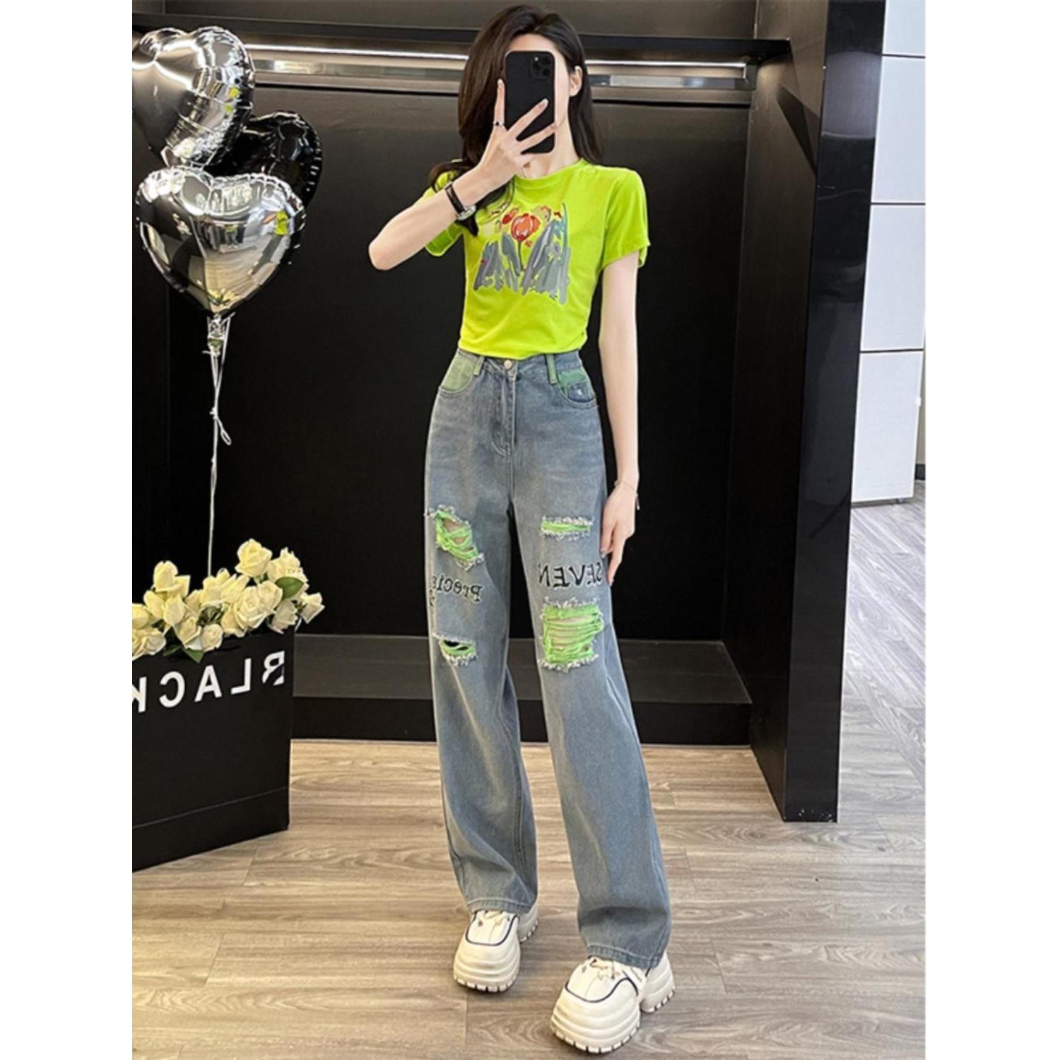 青春活力时尚套装女夏季新款多巴胺显高短袖T恤阔腿牛仔裤两件套
