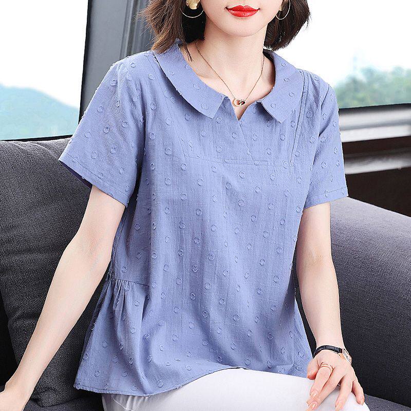 纯棉短袖衬衫女装2025夏季新款洋气娃娃领t恤上衣大码女士衬衣服