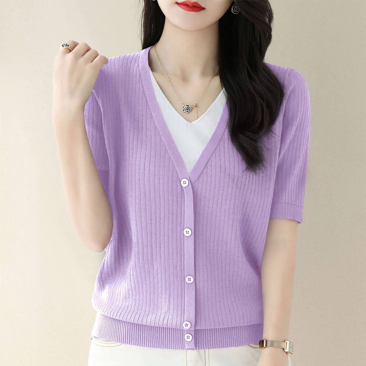 V领假两件冰丝女士t恤短袖宽松新款大码遮肚子显瘦薄款上衣针织衫