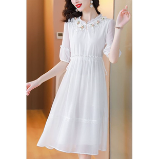 杭州真丝高档白色连衣裙2024夏季 超仙气质收腰显瘦高级旅游裙 新款