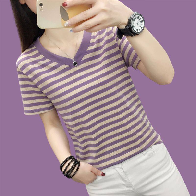 女士纯棉V领短袖t恤女2024夏装新款时尚洋气小衫宽松显瘦半袖上衣