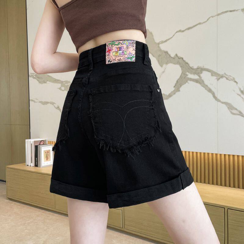 黑色高腰卷边牛仔短裤女夏季韩版a字阔腿宽松四分裤翻边外穿热裤