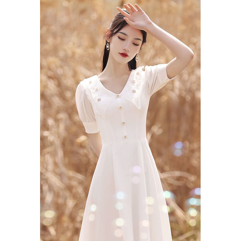日常小晚礼服女白色夏法式洋装领证宴会小个子平时可穿连衣裙订婚