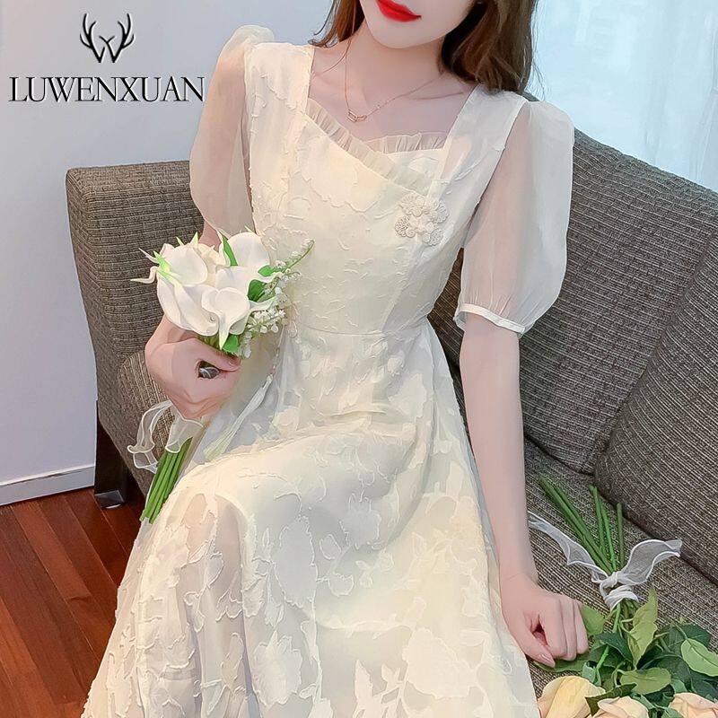 旗袍改良版提花连衣裙女夏装2025年新款国风仙女超仙收腰显瘦裙子