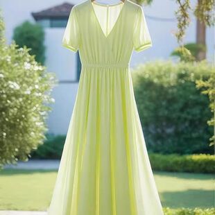 法式 高级感高端精致长裙气质女神范薄荷曼波风绿色雪纺连衣裙夏季