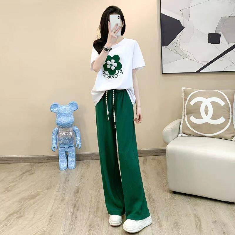 纯棉短袖运动休闲套装女2024夏季韩版宽松时尚减龄阔腿裤两件套