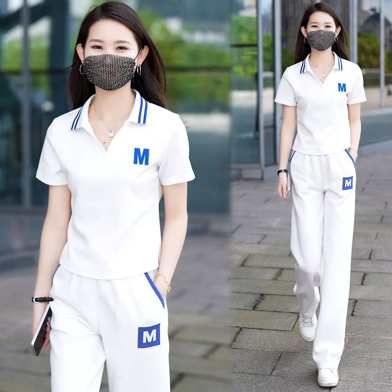 2026夏季新款翻领短袖直筒长裤休闲运动套装女洋气减龄冰丝两件套