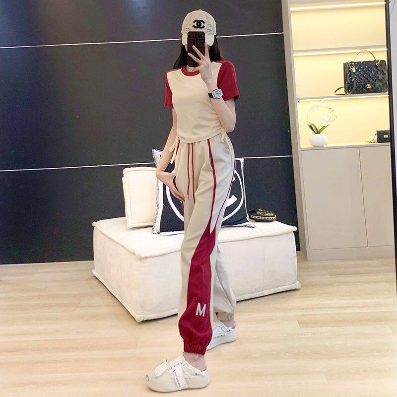 夏季2024爆款时尚休闲运动套装女洋气修身显瘦高级感短袖两件套潮