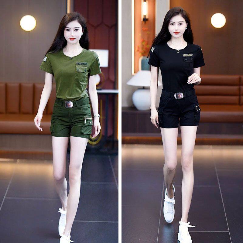 夏季新款女工装短袖短裤运动户外套装新款休闲水兵舞服两件套6666