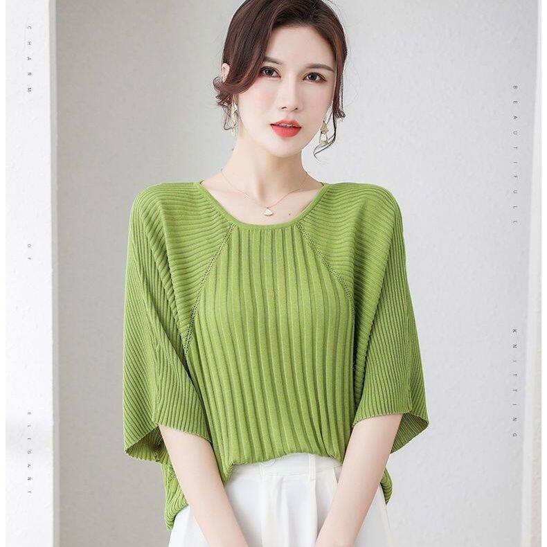 女装宽松夏装2023新款七分袖高腰蝙蝠衫针织衫薄款上衣短袖宽松版