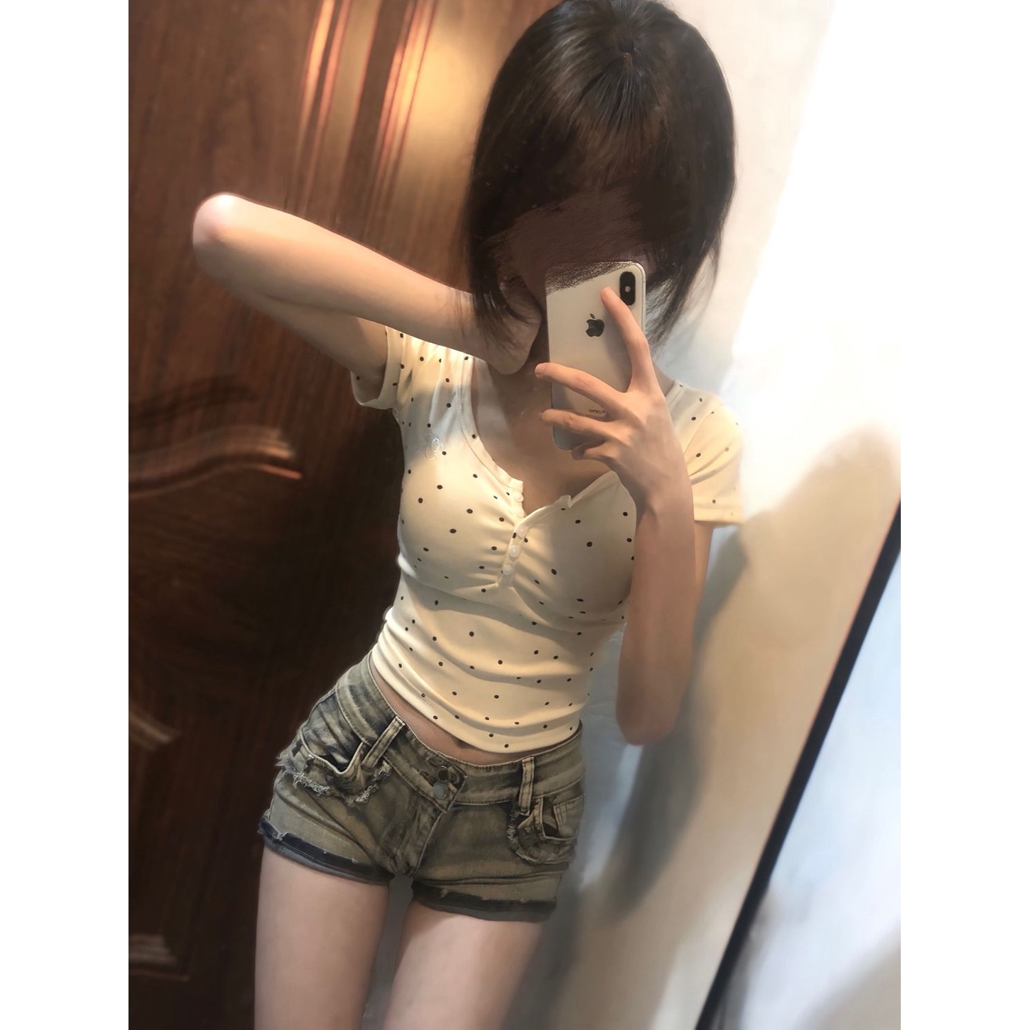 社会女套装快手网红同款纽扣短袖t恤波点短款上衣+柳丁牛仔短裤女