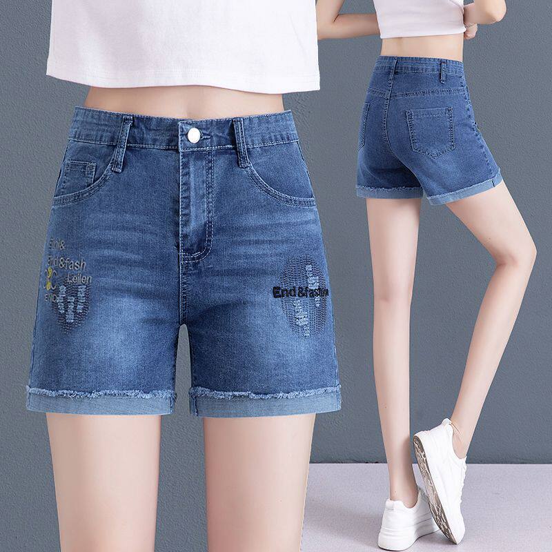 刺绣牛仔短裤女24夏季新款高腰高弹力宽薄款阔腿夏装显瘦a字热裤