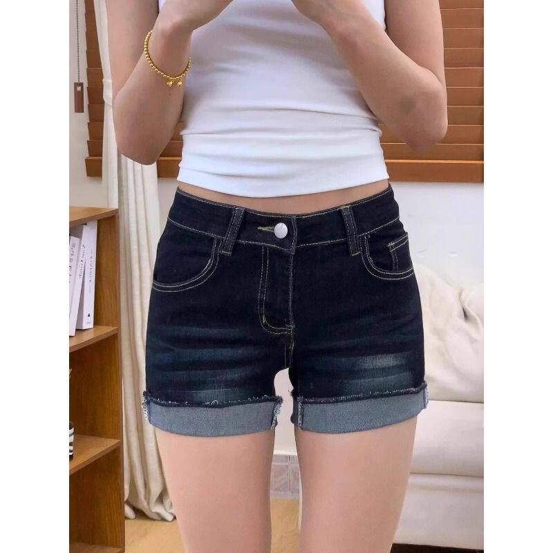 美式深蓝色设计感卷边牛仔短裤女夏季高腰性感超短包臀a字热裤子