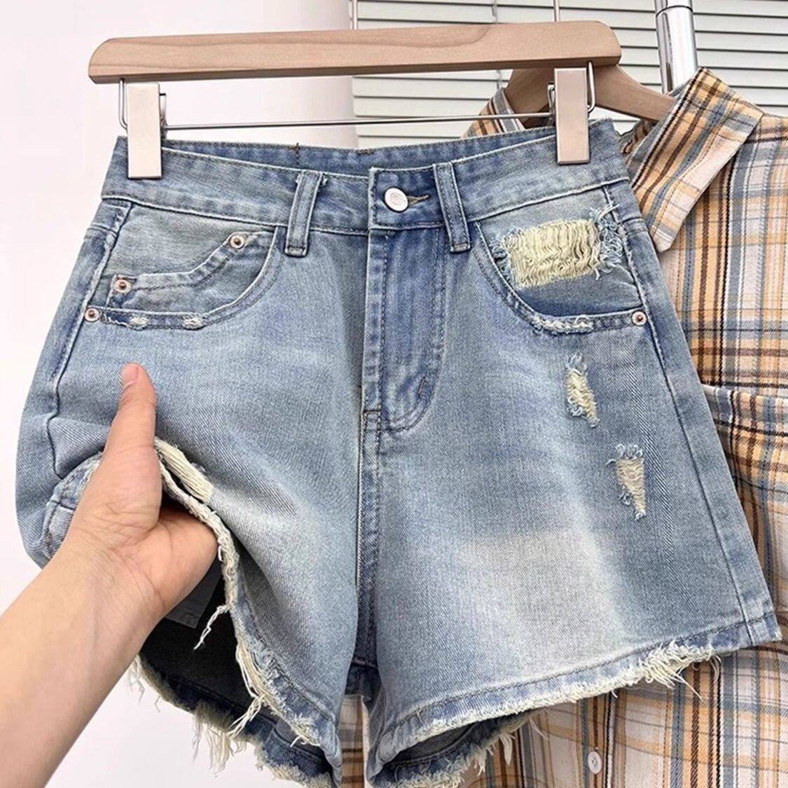 美式破洞牛仔短裤女夏薄款2025新款大码胖mm高腰遮胯显瘦a字热裤