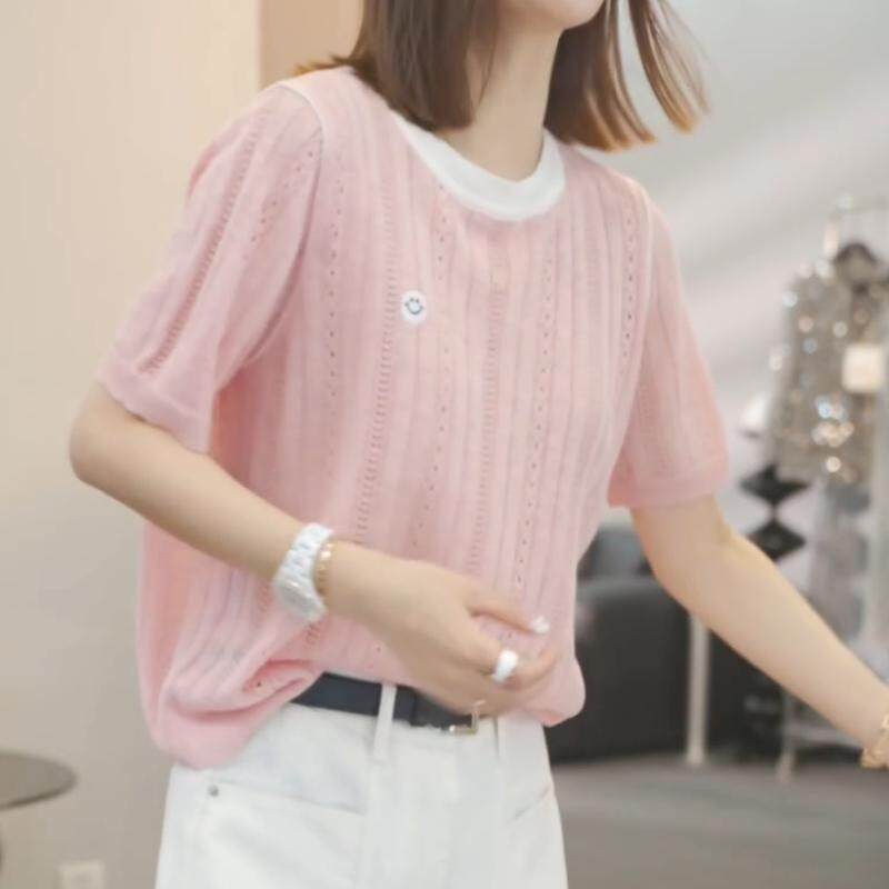 新款冰丝短袖T血女宽松镂空薄款大码百搭显瘦撞色洋气上衣针织衫