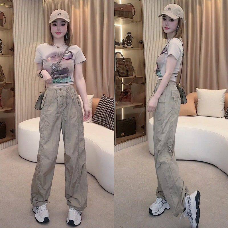 美式酷辣休闲运动套装女2025新款夏季正肩短袖T恤工装裤两件套潮