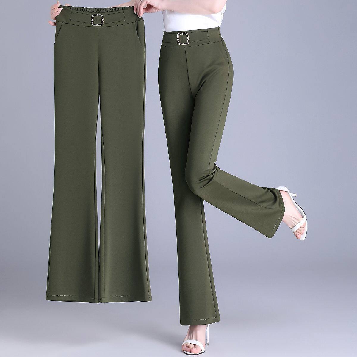 春季新款微喇叭裤小个子九分裤高腰显瘦垂感收腰女士墨绿色西装裤