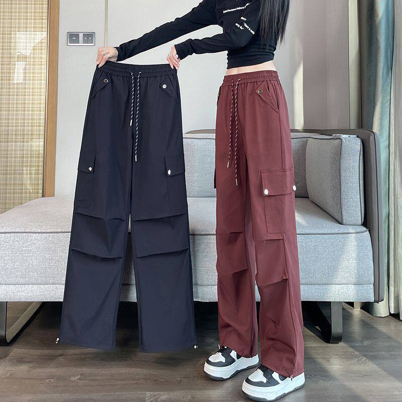 大码美式工装裤女夏天新款薄款裤子高腰宽松透气速干运动阔腿裤女