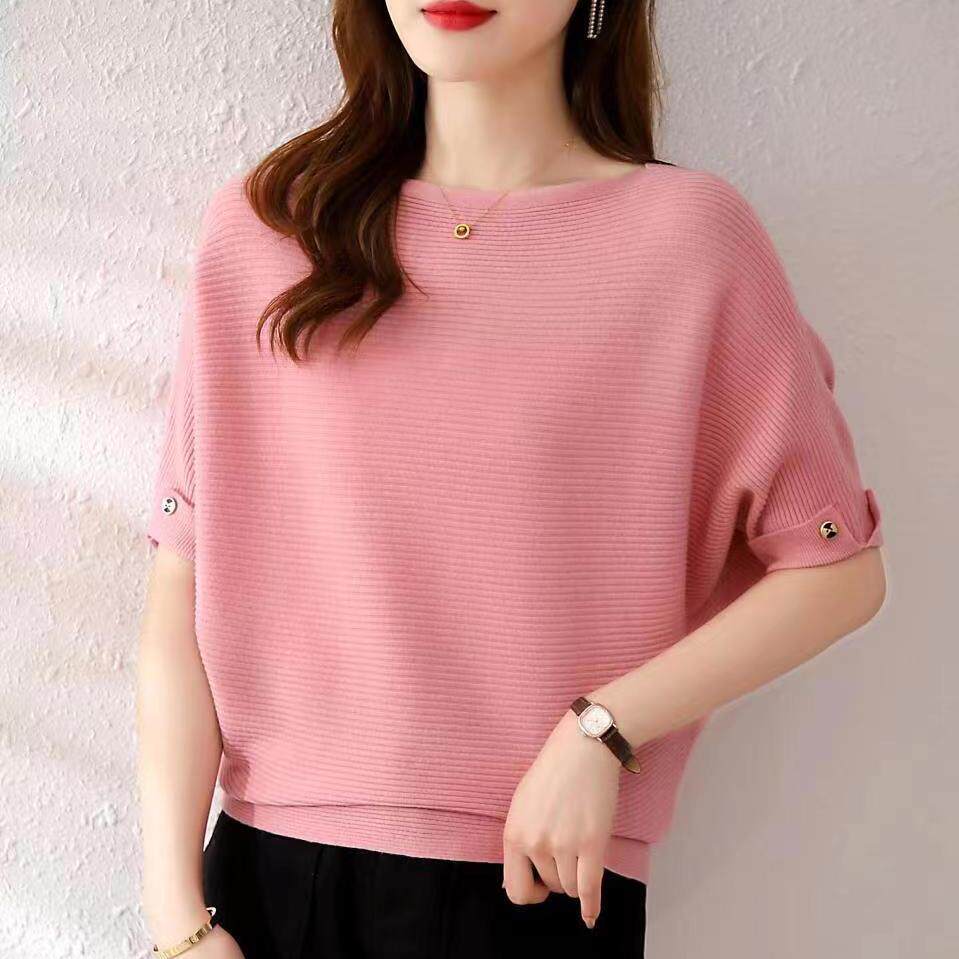 2023夏季冰丝短袖蝙蝠衫针织T恤女韩版纯色宽松大码百搭显瘦上衣