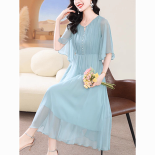 裙 减龄法式 雪纺连衣裙夏2025新款 蓝色温柔轻奢气质显瘦裙年轻款