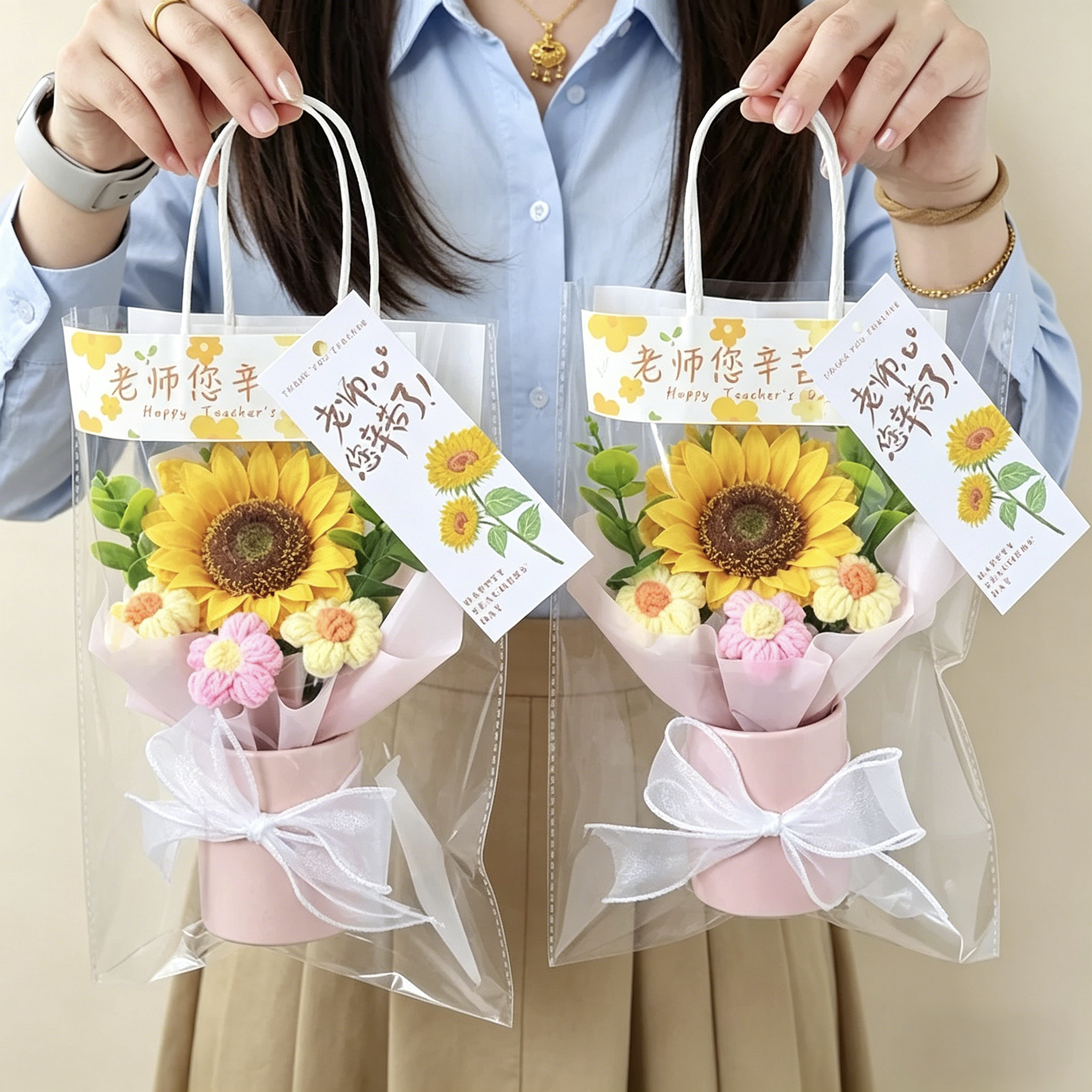 教师节手工编织成品向日葵抱抱桶送老师感恩创意永生花束小礼物
