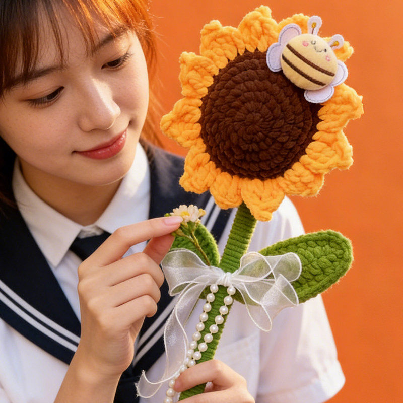 手工编织蜜蜂向日葵毛线花束教师节毕业升学季节日励志祝福礼物