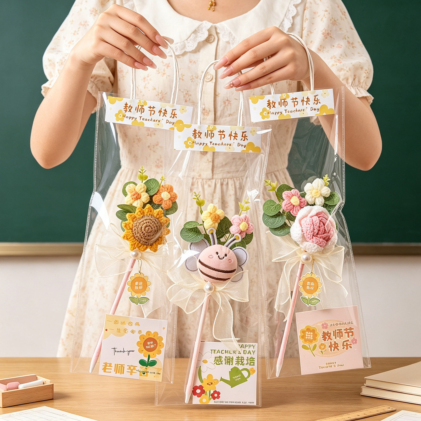 教师节手工钩织花束笔可爱毛线编织小蜜蜂装饰笔送老师创意礼品