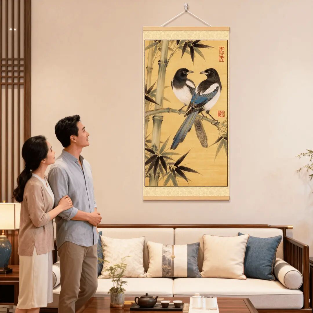 【下单立减50】新中式挂画客厅沙发背景墙工笔喜鹊竹子卷轴装饰YB