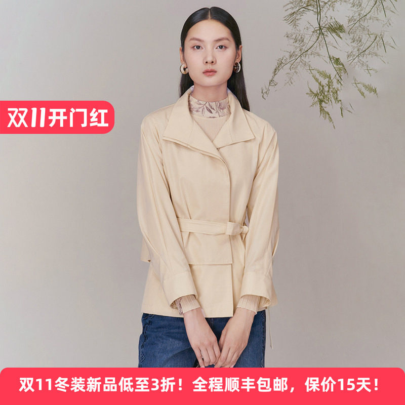 Distin Kidny/迪凯春夏通勤翻领短款风衣女收腰系带职场气质外套