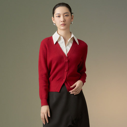 绵羊毛简约通勤假两件女针织开衫