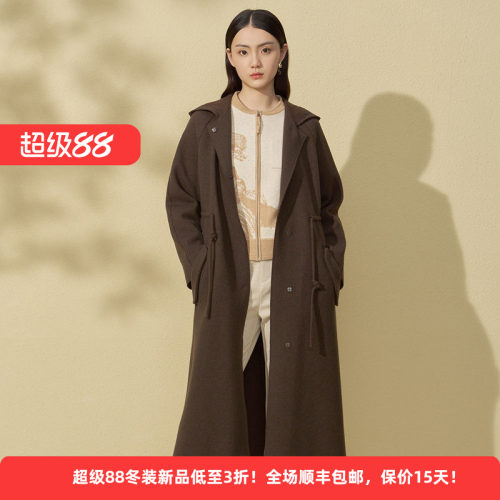 绵羊毛简约连帽毛呢大衣通勤外套