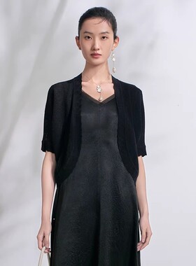 Distin Kidny/迪凯极简风黑色针织开衫女短袖薄款外套夏空调上衣