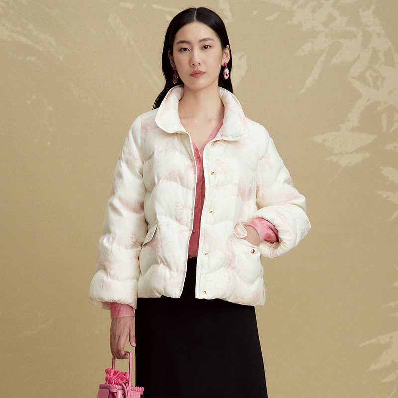 Distin Kidny/迪凯冬季新品白鹅绒立领国风印花短款女羽绒服外套