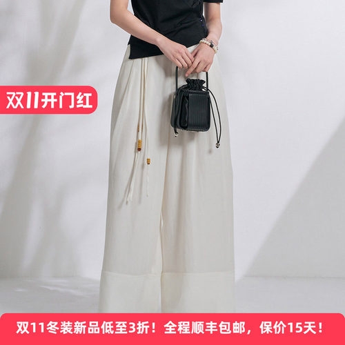 醋纤天丝亚麻慵懒高腰阔腿休闲裤