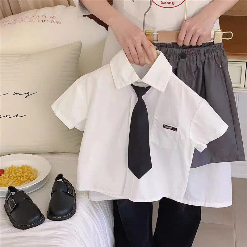 儿童夏季班服中小童上衣宝宝短袖白衬衣男女童学院风衬衫套装薄款