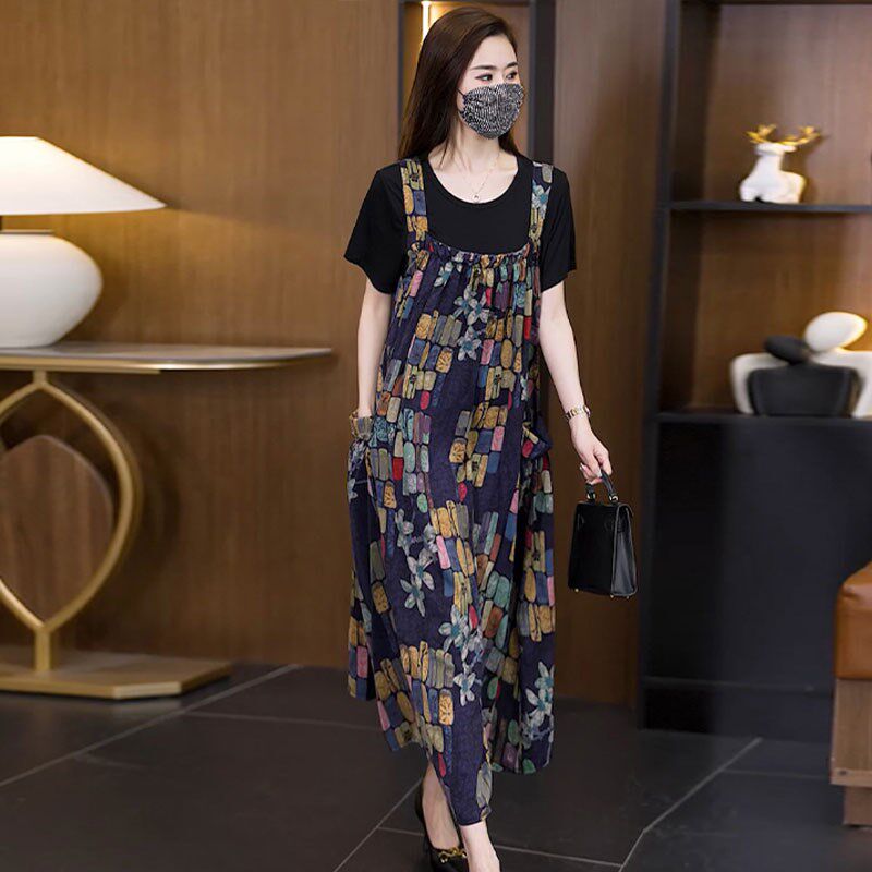 大码女装夏季时尚高级感吊带连衣裙2024新款宽松长裙套装女两件套