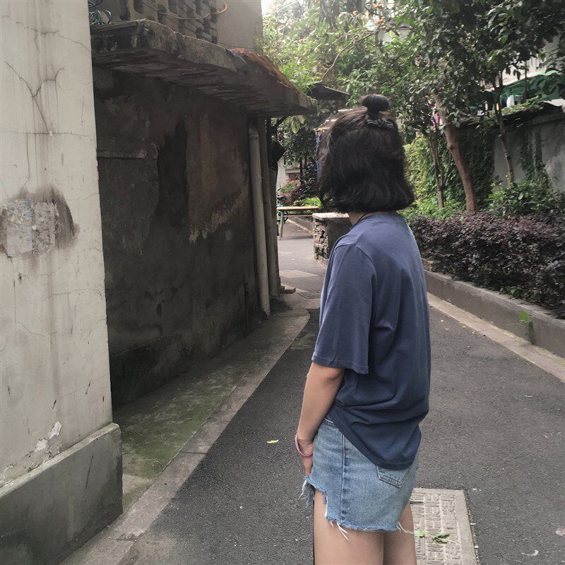 复古雾霾蓝普蓝色玫红橡皮粉色短款宽松圆领磨毛纯棉短袖T恤女夏